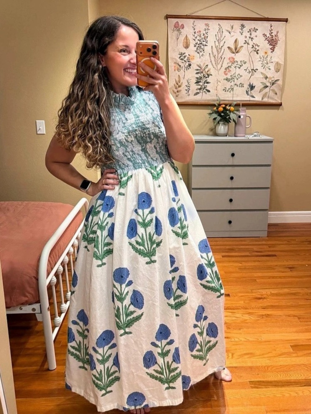 Darlington Isle Floral Smocked Maxi Dress in White & Blue Size Small Block Print